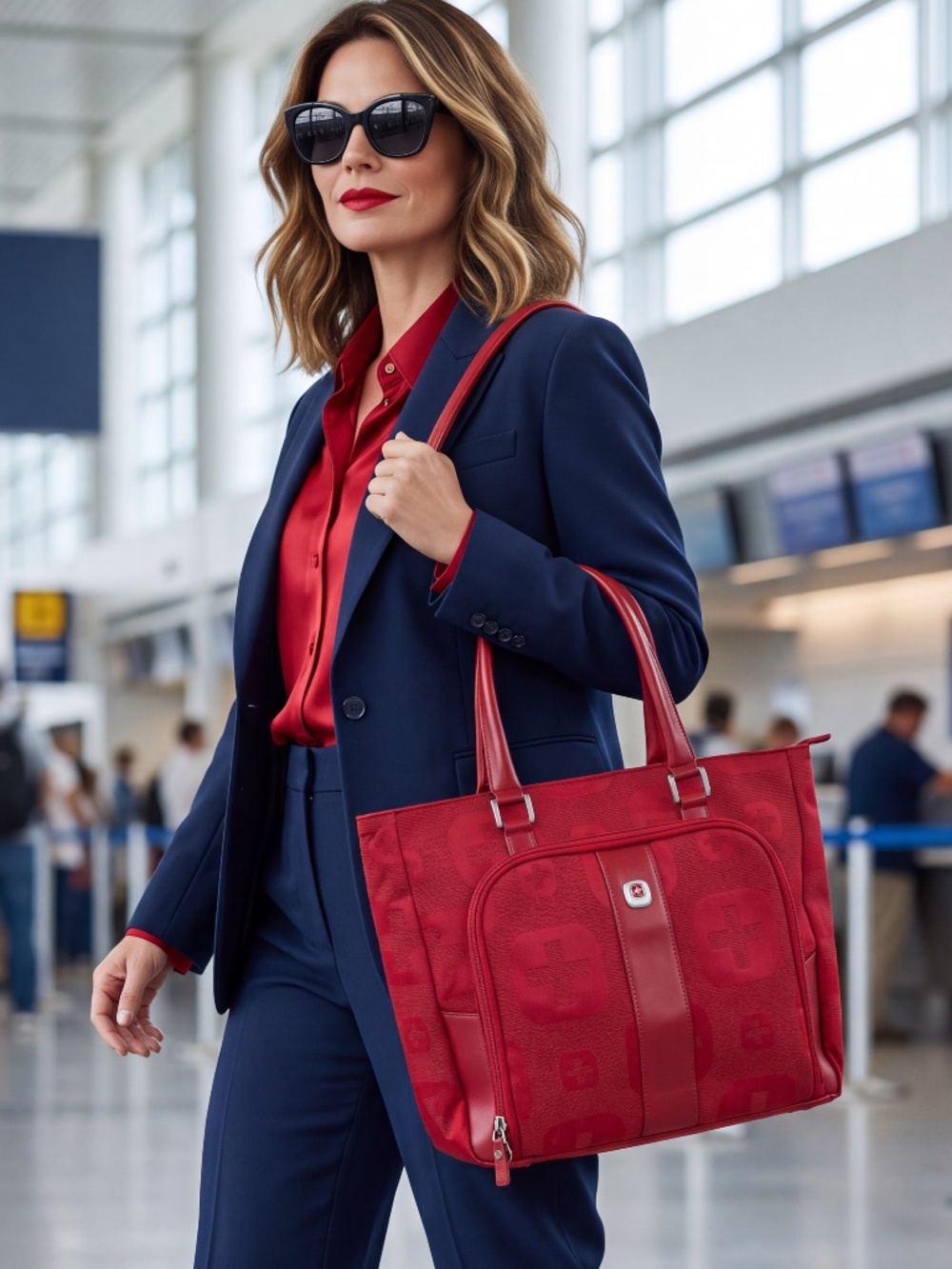 Wenger red leather and rip stop water proof fabric oversized laptop tote bag